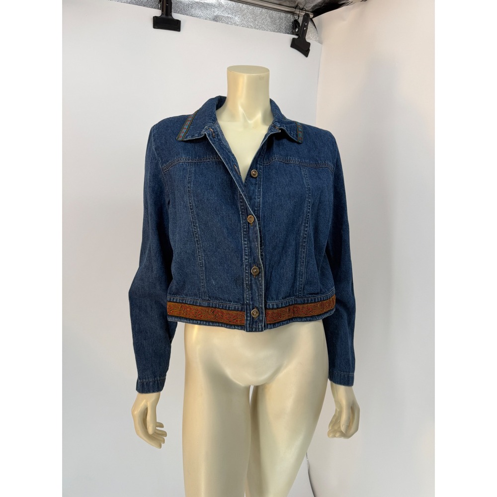 Vintage Cropped‎ Denim Jacket Blue Boho Western Embroidered Trim Size 12 80s 90s